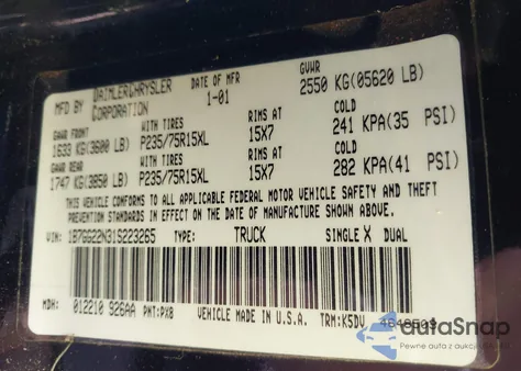 2001 Dodge Dakota Slt/Sport из США, поврежденный, VIN 1B7GG22N31S223265